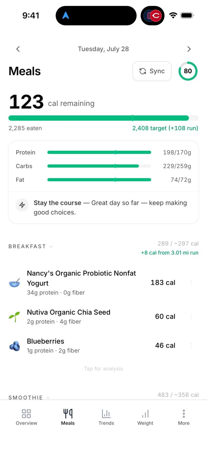 Meal log with run-adjusted calorie target and macro breakdown