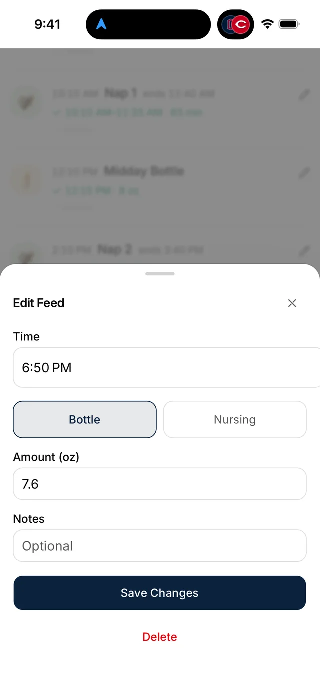 Editing a feed entry with time, type, and amount