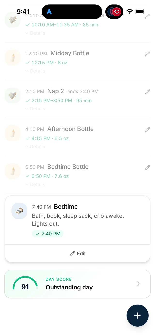 Today view with naps, bottles, bedtime routine, and day score