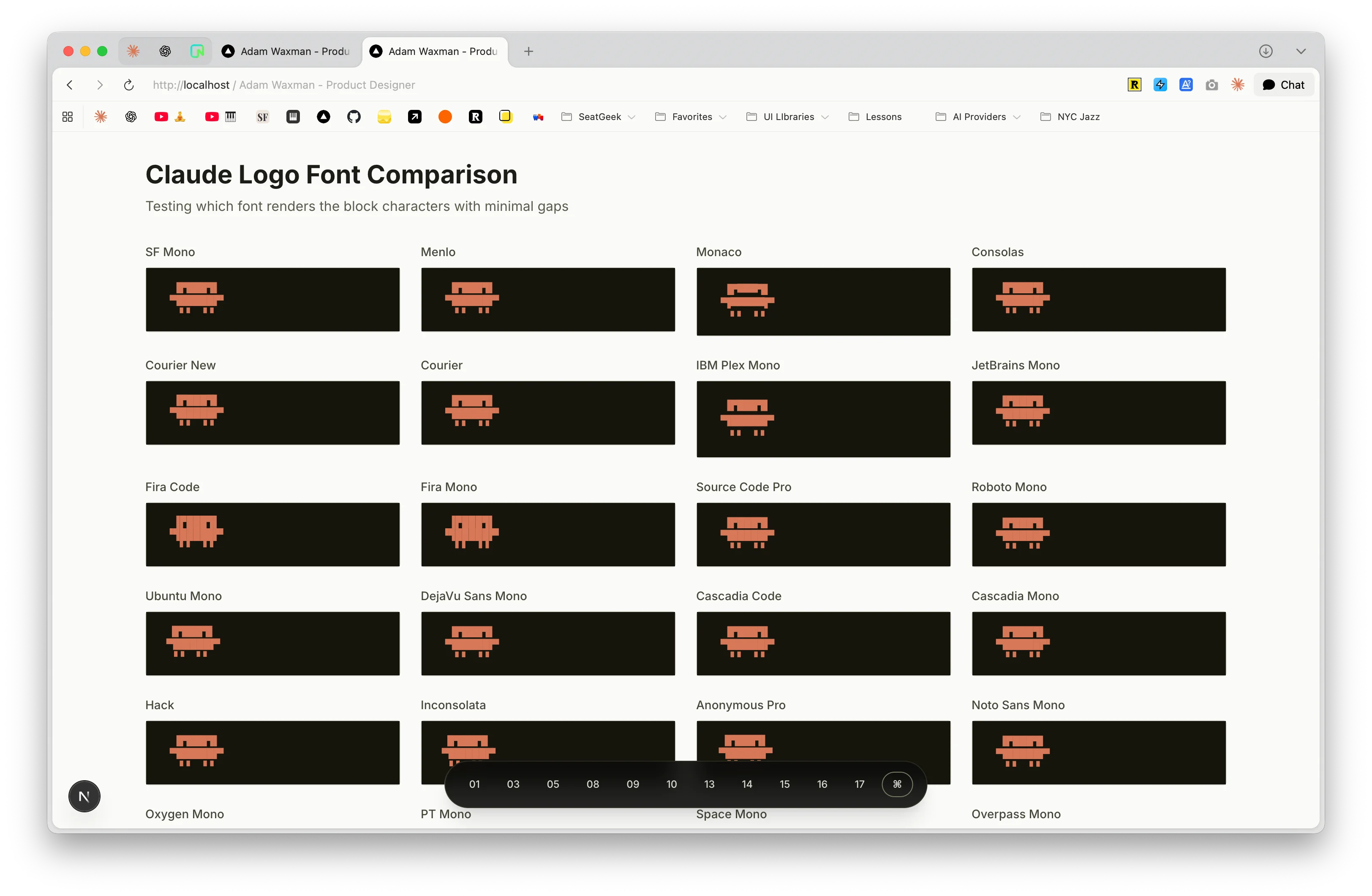 Font comparison showing Claude logo rendered in 20+ monospaced fonts, each with slightly different character alignment
